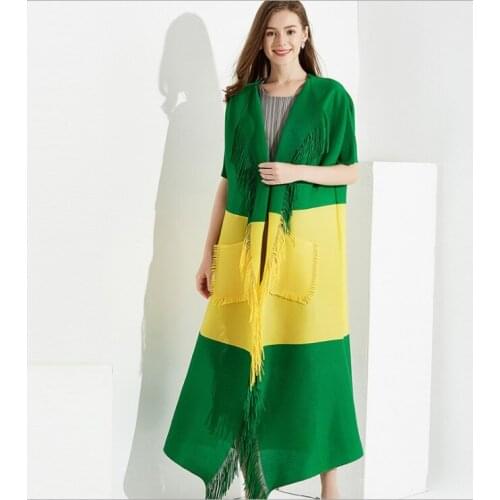 HOT SELLING Startlingly tassel pockets miyake medium-long cardigan patchwork pleated outerwear IN STOCK