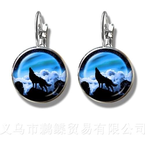 Fashion Silver Plated Stud Earrings Wolf Head Pattern Glass Metal Buckle Punk Jewelry 16mm Glass Dome Earrings Charm For Women