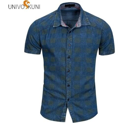 UNIVOS KUNI New Fashion Casual Shirts Men Fit Slim Short Sleeve Solid Men Shirts Plaid 100% Cotton Men Denim Shirt Q574