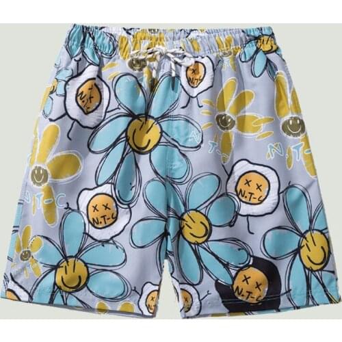 Men Loose Beach Shorts Fashion Large Chrysanthemum Print Hong Kong Style Shorts Male Street Fashion Casual Five-point Pants Mens