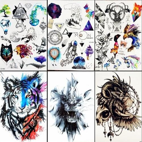 Geometric Flower Temporary Tattoo Stickers Moon Lion Mountain Whale Water Transfer Watercolor Fake Tattoo Triangle Women ALZ-402