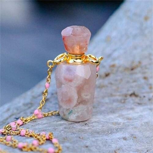 Natural Gems Stone Essential Oil Diffuse Cherry Blossom Stone Perfume Bottle Pendants Necklace