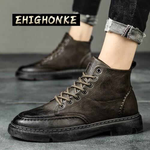 Mens leather casual high-top cotton shoes British trend quality fashion Martin boots thick-soled comfortable casual work shoes
