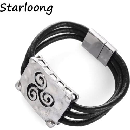 New fashion alloy Pattern rectangle shape black multi-layer genuine leather cord magnetic clasp bracelets for women and men