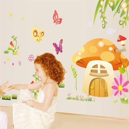 New Design butterfly mushroom flower fairy tale cartoon wall stickers childrens room decorative stickers nursery room decor