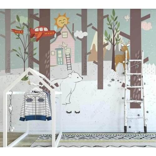 Custom papel parede Nordic hand-painted woods small animals cute childrens room for living room bedroom decoration wallpaper