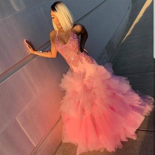 Ruffles Tulle Mermaid Prom Dresses Evening Formal Party Wear Halter Neck Lace Applique Sexy Vestidos De festa