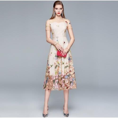 BLLOCUE Mesh Embroidery Dress 2020 Summer French Retro High Waist Fashion Party Elegant Temperament Dress Womens