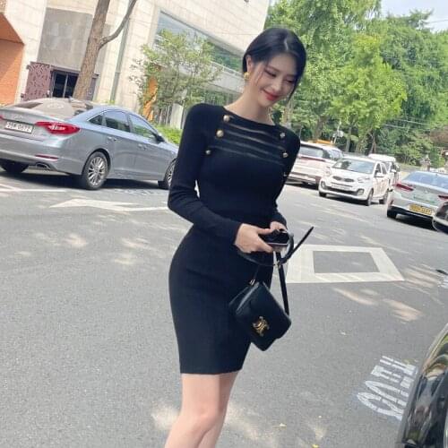 Early Autumn Black Sheath Knitted Dresses Womens Full Sleeve Buttons Sexy Mini Sweater Dress Above Knee Fashion