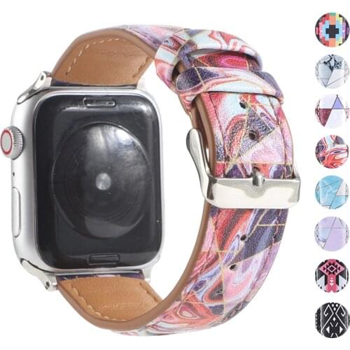 Genuine Leather Strap for Apple Watch Band 6 SE 44mm 40mm 42mm 38mm Men Women Printed Wrist Bracelet for iWatch Series 5 4 3 2 1