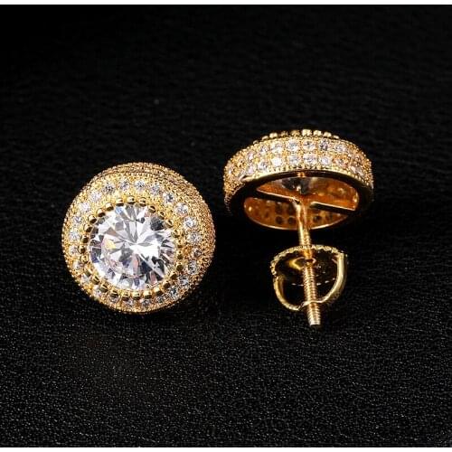 D&Z Iced Out Bling Stud Earrings For Men Women Hip Hop Golden Micro Pave Cubic Zircon Round Stud Earring Gifts
