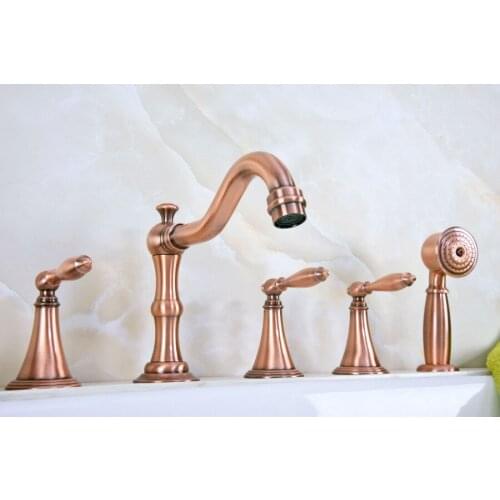 Antique Red Copper Brass Deck 5 Holes Bathtub Mixer Faucet Handheld Shower Widespread Bathroom Faucet Set Basin Water Tap atf219