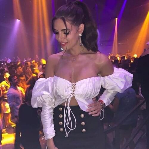Streetwear Off the Shoulder Strap Shirt Fashion Puff Sleeve Lace Up Sleeve Sexy Outfit Ruched Cup Hollow Out Crop Top Blouse