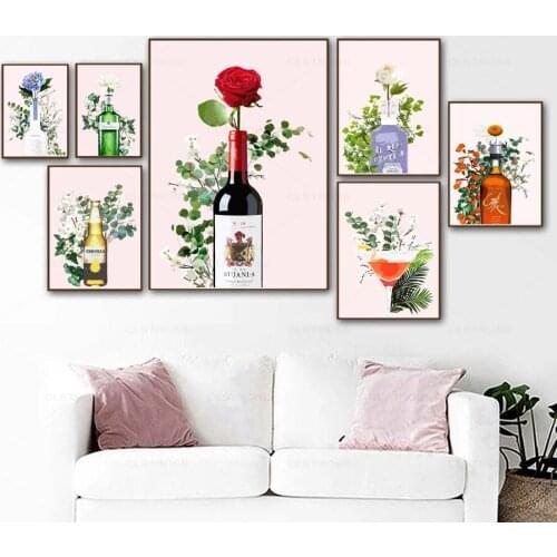 Wine Cocktail Champagne Juice Flowers Kitchen Poster Nordic Wall Art Canvas Painting Rose Begonia Pictures for Home Decoration