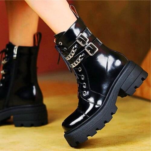 Military Creepers Women Genuine Leather Round Toe Ankle Motorcycle Chain Buckle Chunky Buckle Shoe Goth Party 34 35 36 37 38 39