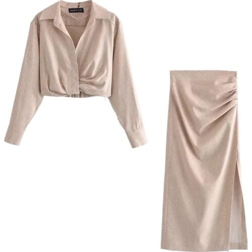 Summer 2021 Women Two Piece Set Dress V-neck Pleated Linen Elegant Irregular Casual Long Sleeve High Waist Pleated Long Dress