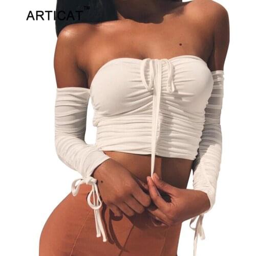 Articat Sexy Long Sleeve T Shirt Women Crop Top Elastic 2020 Autumn Slash Neck Short Women Tops Nightclub Cropped Top Tees Shirt