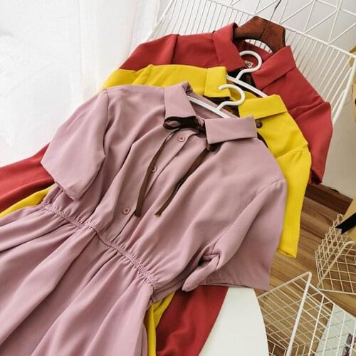 Sanishroly Summer Women Short Sleeve Chiffon Dresses Elastic High Waist Long Dress Lady Tie Bow A-line Shirt Dress Vestidos S975