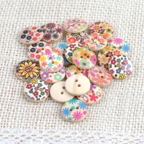 100Pcs Mixed 2 Holes Round Pattern Flower Wooden Buttons Sewing Scrapbooking 15mm DIY Sewing Accessories Button XD5410-19