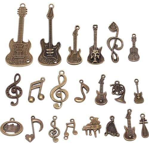 21Pcs/Set Mix Musical Instrument Charm For Jewelry Making Charm Antique Color Guitar Microphone Violin Horn Charm 2Colors