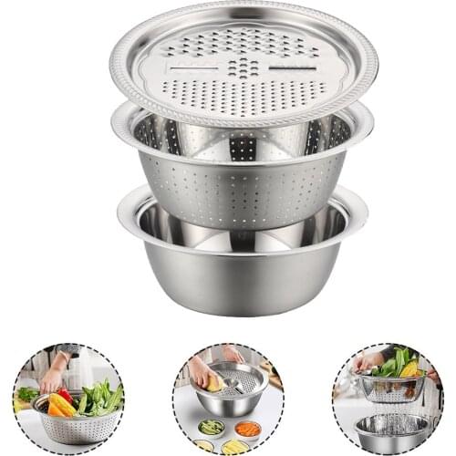 3pcs Multifunctional Stainless Steel Basin Set Fruit Vegetable Bracket Drain Basin Grater Basin Kitchen Tools