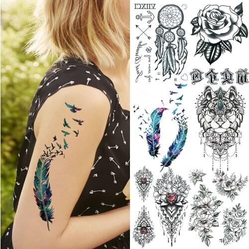 Watercolor Feather Temporary Tattoos For Women Realistic Dream Catcher Tatoos Rose Fake Jewelry Tattoo Sticker Arm Chest Thigh