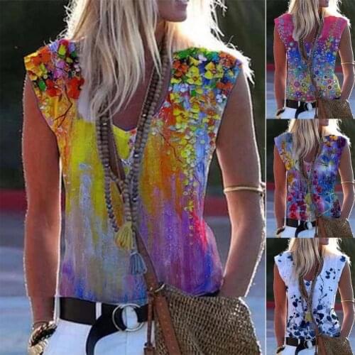 Summer Women Blouses 2021 Elegant V Neck Sleeveless Blouse Sexy Floral Print Ladies blouse Solid Woman Tops