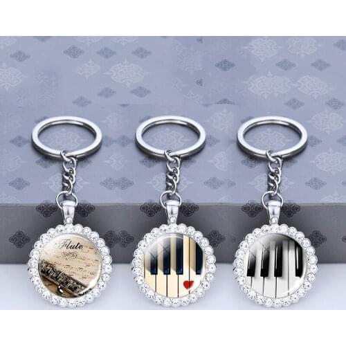 Musical Instrument Keychain Rhinestone Pendant Keyring Glass Cabochon Piano Flute French Horn Key Chain Jewelry Musician Gift