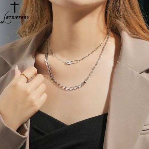 Letdiffery Sweet Pin Necklace Stainless Steel Multi-Layer Heart Chain Vintage Jewelry for Women Silver Color Birthday Gift