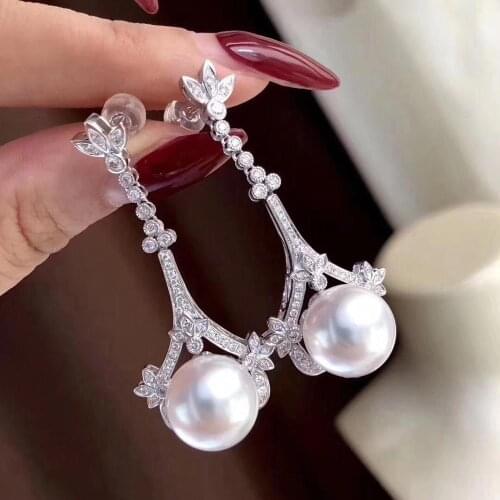D406 Pearl Earrings Fine Jewelry 925 Sterling Silver Natural 9-10mm Round Fresh Water White Pearls Dangle Earrings for Women