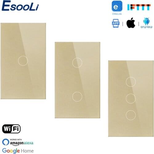 EsooLi Crystal Glass Panel US Standard WIFI Touch Switch Ewelink APP Smart Home 1/2/3 Gang Smart Switch Null and Fire Line