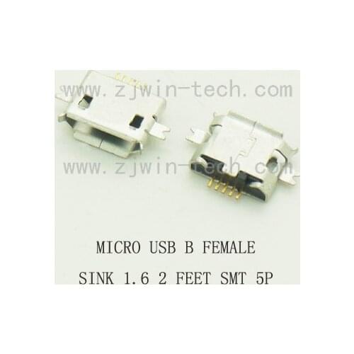 Reel packing 10pcs/lot Micro USB connector socket phone tail charging B type female jack sink 1.6 SMT 5Pin 2FEET