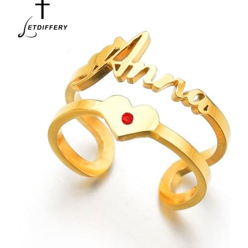 Letdiffery Custom Birthstone Name Rings for Women Double Layers Heart Stainless Steel Crystal Personlized Jewelry Birthday Gifts