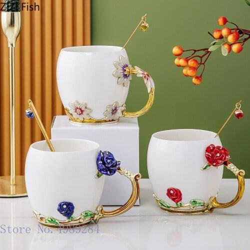Creative Ceramic Enamel Mug Coffee Cup Flower Teacup Bring Spoon Modern Style Home Breakfast Milk Cup Gift Box Gifts for Friends