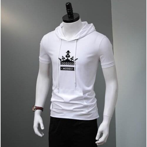 Summer Hooded T Shirt Men Cotton Pullover Hoodie Tshirt White Short Sleeve Crown Print Fashion Clothing