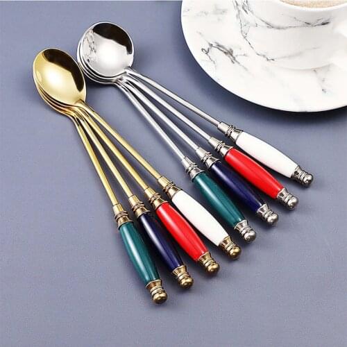 For Drink,Fruit,Cake European with Ceramic Handle Retro Small Dessert Spoon Coffee Spoon Stirring Spoon Flatware
