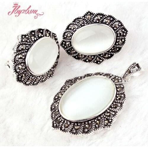 Oval White Cat Eye Stone Marcasite Tibetan Silver Fashion Necklace Pendant Earrring 22x26mm/25x35mm Women Gift ,Free Shipping