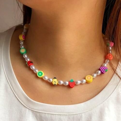 TAUAM Simulated Pearl Necklace For Women Choker Summer Beach Chains Cute Fruit Strap Women Colorful Beads Lanyard