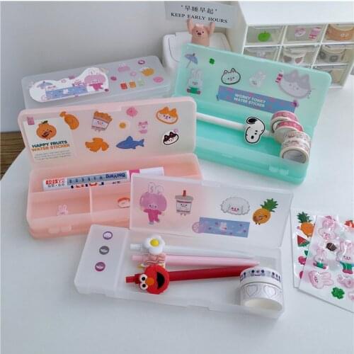 MINKYS Kawaii Macaroon Color Series Transparent Double Layers Pencil Box Penholder Pencilcase Pens Storage Box School Stationery