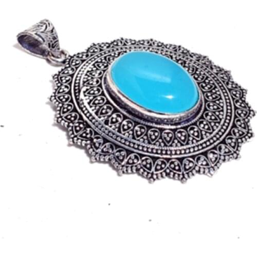 Genuine Blue Chalcedony Pendant Tibet Silver , Hand made Women Lady FineJewelry gift, 50mm, P9613