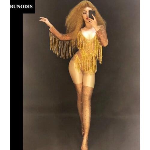 ZD344 Women Sexy Gold Tassel Bodysuit Stage Wear Dancer Singer Bling Costumes Nightclub Party Performance Show Time Clothing