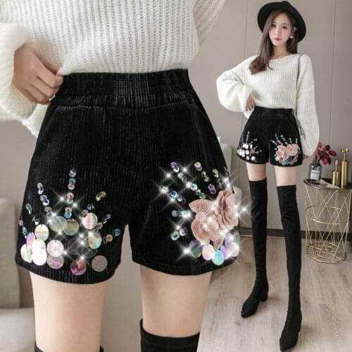 Women Corduroy Loose Black Feminino Autumn Winter 2020 New Beading Sequins Hot Shorts With Pockets Casual Streetwear Sexy Spring