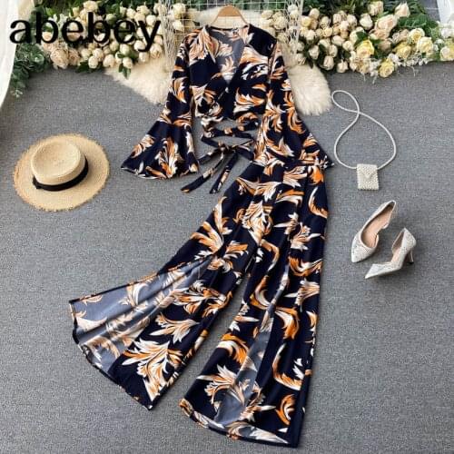Bohemian Vacation Beach Two Piece Set Women Sexy V-Neck Bandage Short Tops + High Waist Split Wide Leg Pant Suit Spring Autumn