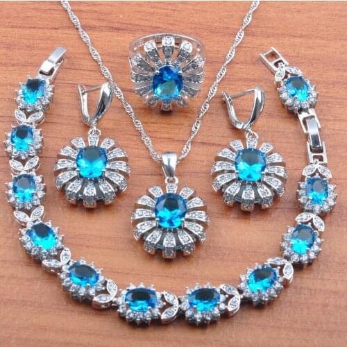 Elegant Sky Blue Crystal Wedding Jewelry Sets Women Costume Silver Color Earrings Necklace Rings Bracelet Party Gifts JS0471