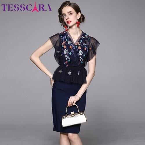 TESSCARA Women Summer Elegant Embroidery Dress Festa High Quality Office Pencil Party Robe Femme Vintage Designer Mesh Vestidos