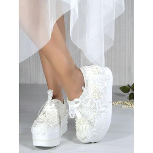 Angelina Ladies Bridal Women Pearl Lace Floral Luxury Crystal Handmade Fashion Platform High and Flat Heel White Wedding Shoes