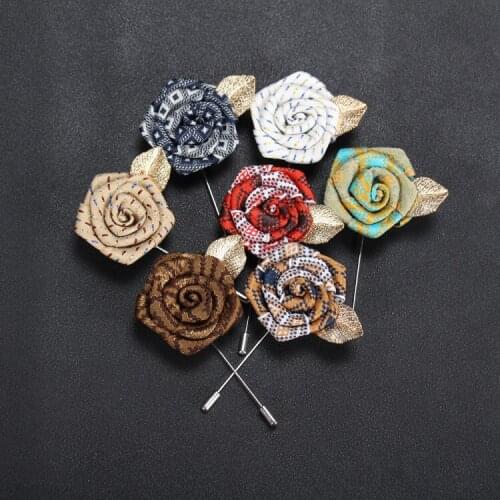 Free shipping, 20 pcs/lot , High Quality Mens Handmade Fabric Rose Flower Lapel Pin with Gold Leaf, Wedding Boutonniere Gifts