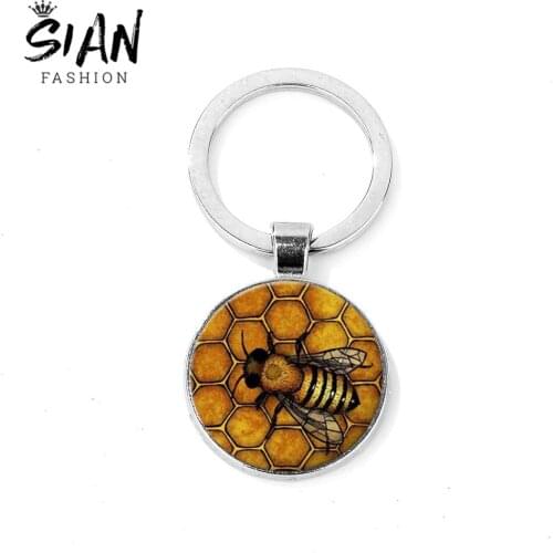 SIAN Chic Bee Honeycomb Keychain Gold Honey Key Chain Handmade Art Photo Glass Cabochon Alloy Key Ring Insect Jewelry Bumble Bee