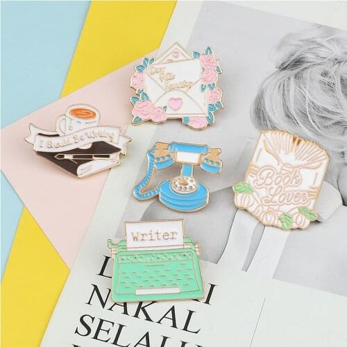 Sweet Flower Book Enamel Pin Cartoons Coffee Envelope Letter Telephone Writer Brooches Backpack Clothes Lapel Pins Badge Jewelry