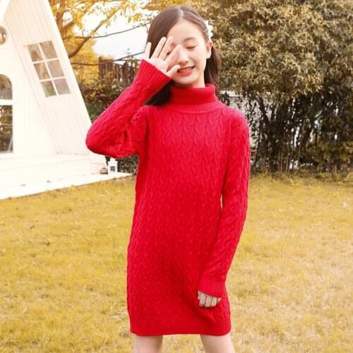 2020 Autumn Winter Childrens Warm Thicken Velvet Long Sleeve Solid Girls Sweater Dress Kids Turtleneck Knit Pullover Dress K196